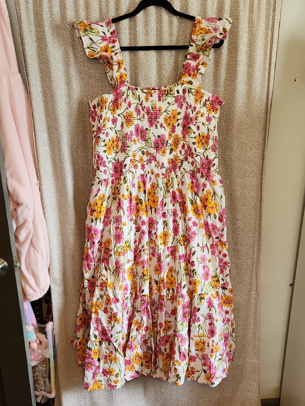 Lands' End White Floral Midi Dress with Pink & Yellow Flowers 2x 20 22